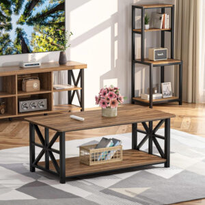 GreenForest Coffee Table for Living Room with Round Corners Farmhouse Style Center Table with Storage Shelf 39 Inch Space Saving Easy Assembly Gray Wash
