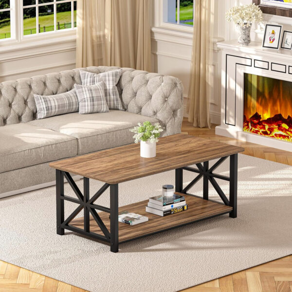 GreenForest Coffee Table for Living Room with Round Corners Farmhouse Style Center Table with Storage Shelf 39 Inch Space Saving Easy Assembly Gray Wash