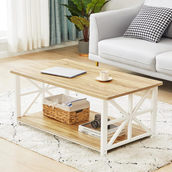 GreenForest Coffee Table for Living Room with Round Corners Farmhouse Style Center Table with Storage Shelf 39 Inch Space Saving Easy Assembly Gray Wash