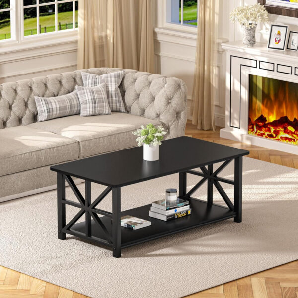 GreenForest Coffee Table for Living Room with Round Corners Farmhouse Style Center Table with Storage Shelf 39 Inch Space Saving Easy Assembly Gray Wash