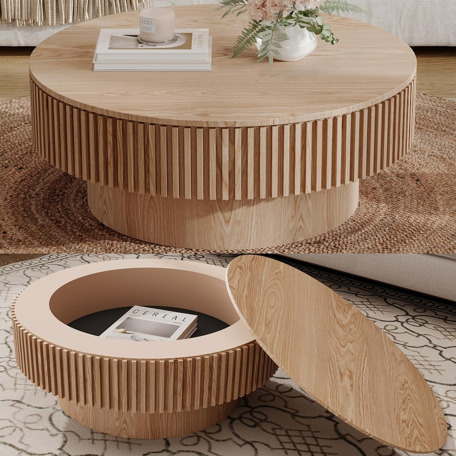 31.5''Round Coffee Table with Storage, Modern Luxury Circle Drum Center Tables with Solid Wood Veneered, Accent Side Coffee Table for Living Room, Bedroom, Apartment-Natural