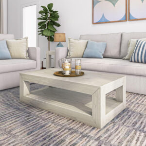 Plank+Beam Modern Rectangular Coffee Table with Shelf, 48", Solid Wood Center Table with Storage, 2 Tier Tea Table for Living Room, Blonde Wirebrush