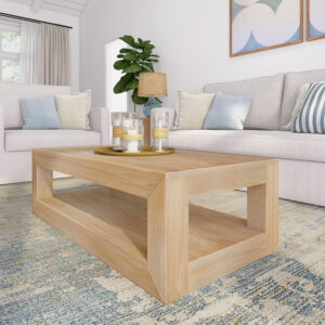 Plank+Beam Modern Rectangular Coffee Table with Shelf, 48", Solid Wood Center Table with Storage, 2 Tier Tea Table for Living Room, Blonde Wirebrush