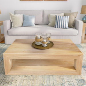 Plank+Beam Modern Rectangular Coffee Table with Shelf, 48", Solid Wood Center Table with Storage, 2 Tier Tea Table for Living Room, Blonde Wirebrush