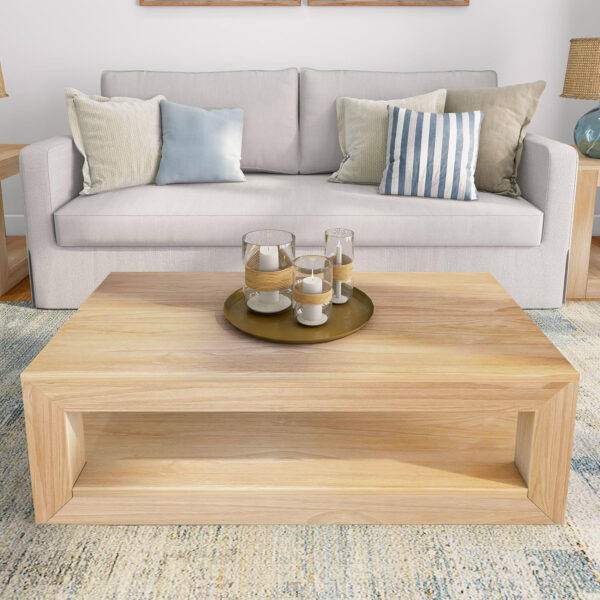 Plank+Beam Modern Rectangular Coffee Table with Shelf, 48", Solid Wood Center Table with Storage, 2 Tier Tea Table for Living Room, Blonde Wirebrush