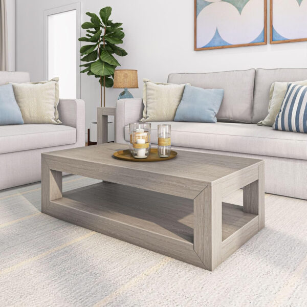 Plank+Beam Modern Rectangular Coffee Table with Shelf, 48", Solid Wood Center Table with Storage, 2 Tier Tea Table for Living Room, Blonde Wirebrush