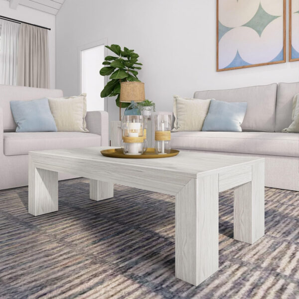 Plank+Beam Modern Rectangular Coffee Table with Shelf, 48", Solid Wood Center Table with Storage, 2 Tier Tea Table for Living Room, Blonde Wirebrush