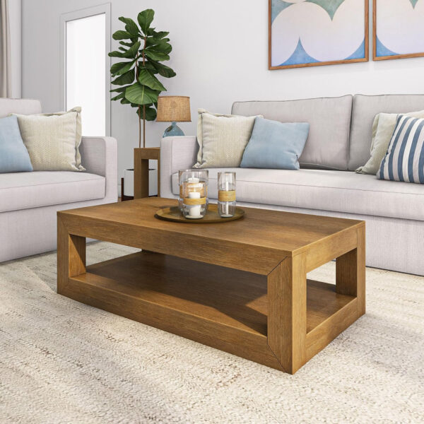 Plank+Beam Modern Rectangular Coffee Table with Shelf, 48", Solid Wood Center Table with Storage, 2 Tier Tea Table for Living Room, Blonde Wirebrush