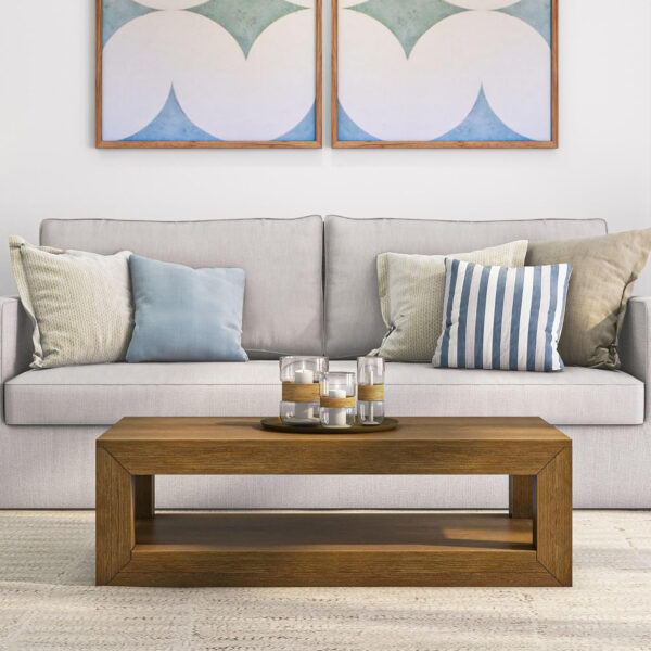 Plank+Beam Modern Rectangular Coffee Table with Shelf, 48", Solid Wood Center Table with Storage, 2 Tier Tea Table for Living Room, Blonde Wirebrush