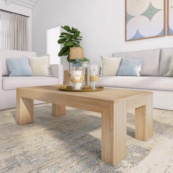 Plank+Beam Modern Rectangular Coffee Table with Shelf, 48", Solid Wood Center Table with Storage, 2 Tier Tea Table for Living Room, Blonde Wirebrush