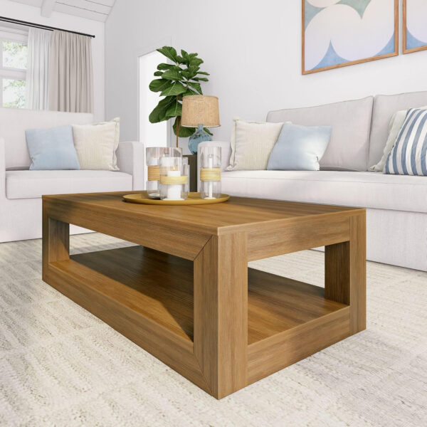 Plank+Beam Modern Rectangular Coffee Table with Shelf, 48", Solid Wood Center Table with Storage, 2 Tier Tea Table for Living Room, Blonde Wirebrush