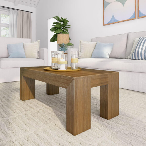 Plank+Beam Modern Rectangular Coffee Table with Shelf, 48", Solid Wood Center Table with Storage, 2 Tier Tea Table for Living Room, Blonde Wirebrush
