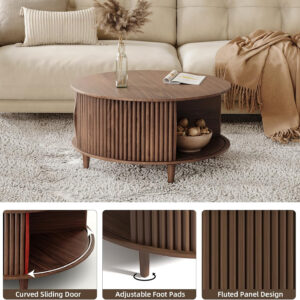 Round Coffee Table with Storage,Fluted Center Table with Sliding Cabinet Door for Living Room,Home Small Space,31.5" Small Center Table,Walnut