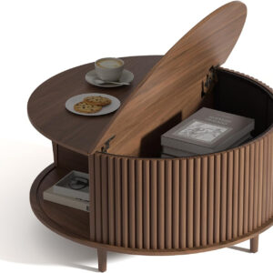 Round Coffee Table with Storage,Fluted Center Table with Sliding Cabinet Door for Living Room,Home Small Space,31.5" Small Center Table,Walnut
