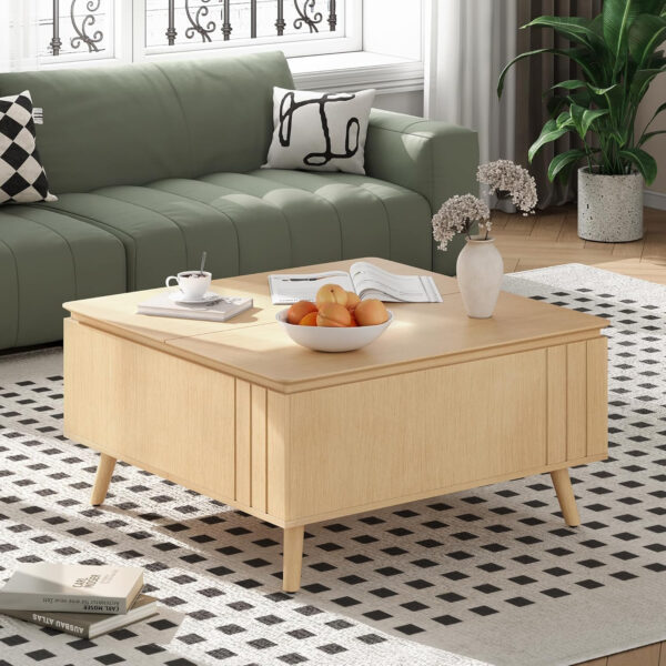 Round Coffee Table with Storage,Fluted Center Table with Sliding Cabinet Door for Living Room,Home Small Space,31.5" Small Center Table,Walnut