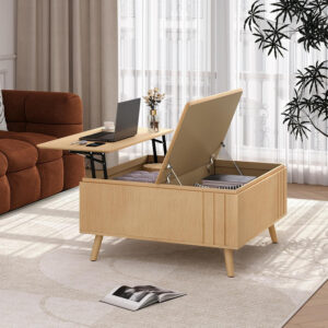 Round Coffee Table with Storage,Fluted Center Table with Sliding Cabinet Door for Living Room,Home Small Space,31.5" Small Center Table,Walnut