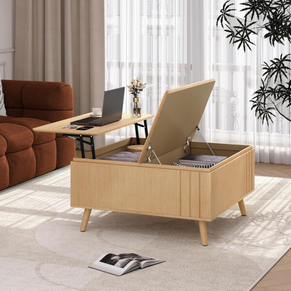 Round Coffee Table with Storage,Fluted Center Table with Sliding Cabinet Door for Living Room,Home Small Space,31.5" Small Center Table,Walnut