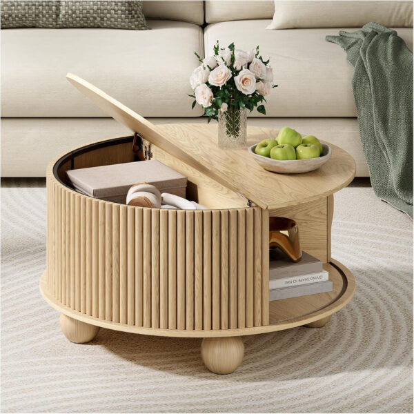 Round Coffee Table with Storage,Fluted Center Table with Sliding Cabinet Door for Living Room,Home Small Space,31.5" Small Center Table,Walnut
