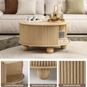 Round Coffee Table with Storage,Fluted Center Table with Sliding Cabinet Door for Living Room,Home Small Space,31.5" Small Center Table,Walnut
