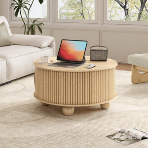 Round Coffee Table with Storage,Fluted Center Table with Sliding Cabinet Door for Living Room,Home Small Space,31.5" Small Center Table,Walnut