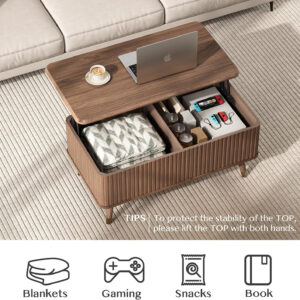 Round Coffee Table with Storage,Fluted Center Table with Sliding Cabinet Door for Living Room,Home Small Space,31.5" Small Center Table,Walnut