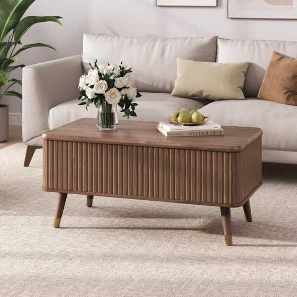 Round Coffee Table with Storage,Fluted Center Table with Sliding Cabinet Door for Living Room,Home Small Space,31.5" Small Center Table,Walnut