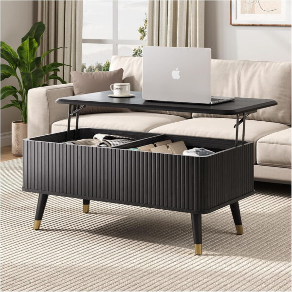 Round Coffee Table with Storage,Fluted Center Table with Sliding Cabinet Door for Living Room,Home Small Space,31.5" Small Center Table,Walnut