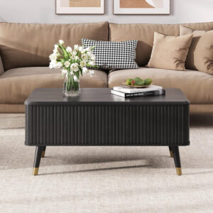 Round Coffee Table with Storage,Fluted Center Table with Sliding Cabinet Door for Living Room,Home Small Space,31.5" Small Center Table,Walnut