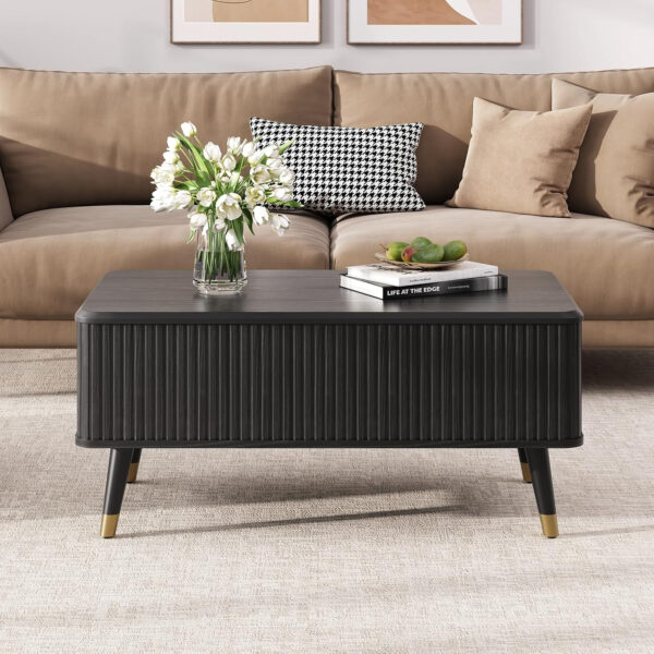 Round Coffee Table with Storage,Fluted Center Table with Sliding Cabinet Door for Living Room,Home Small Space,31.5" Small Center Table,Walnut