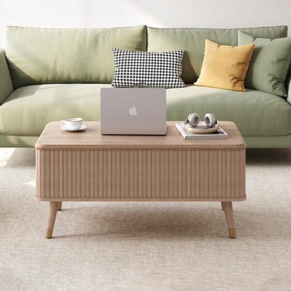 Round Coffee Table with Storage,Fluted Center Table with Sliding Cabinet Door for Living Room,Home Small Space,31.5" Small Center Table,Walnut