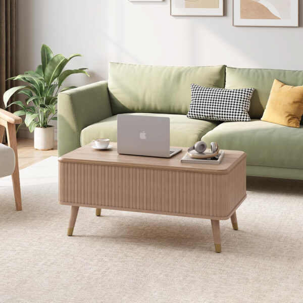 Round Coffee Table with Storage,Fluted Center Table with Sliding Cabinet Door for Living Room,Home Small Space,31.5" Small Center Table,Walnut