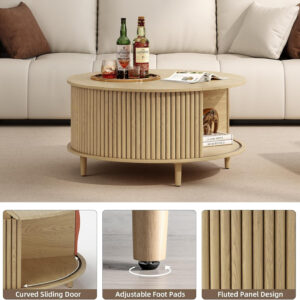 Round Coffee Table with Storage,Fluted Center Table with Sliding Cabinet Door for Living Room,Home Small Space,31.5" Small Center Table,Walnut