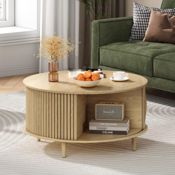 Round Coffee Table with Storage,Fluted Center Table with Sliding Cabinet Door for Living Room,Home Small Space,31.5" Small Center Table,Walnut