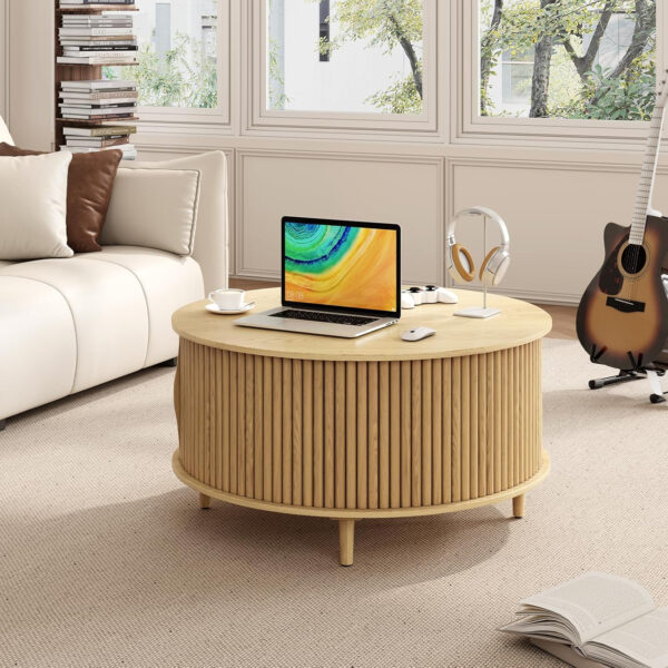Round Coffee Table with Storage,Fluted Center Table with Sliding Cabinet Door for Living Room,Home Small Space,31.5" Small Center Table,Walnut