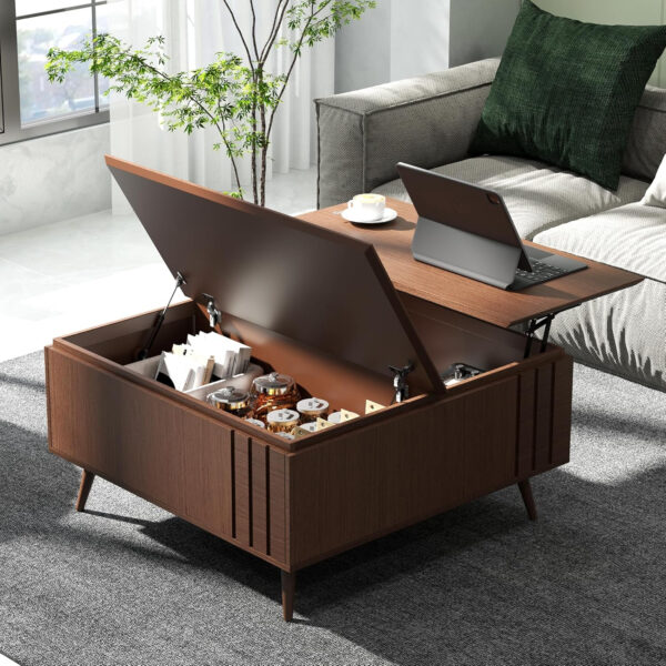 Round Coffee Table with Storage,Fluted Center Table with Sliding Cabinet Door for Living Room,Home Small Space,31.5" Small Center Table,Walnut