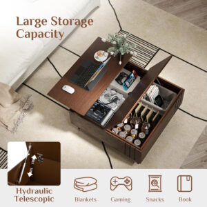 Round Coffee Table with Storage,Fluted Center Table with Sliding Cabinet Door for Living Room,Home Small Space,31.5" Small Center Table,Walnut