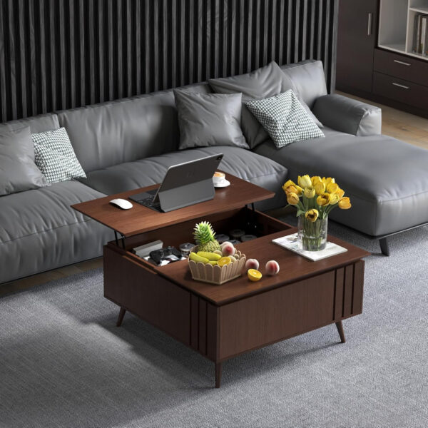 Round Coffee Table with Storage,Fluted Center Table with Sliding Cabinet Door for Living Room,Home Small Space,31.5" Small Center Table,Walnut