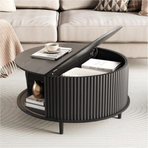 Round Coffee Table with Storage,Fluted Center Table with Sliding Cabinet Door for Living Room,Home Small Space,31.5" Small Center Table,Walnut
