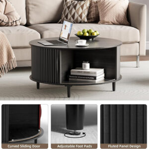 Round Coffee Table with Storage,Fluted Center Table with Sliding Cabinet Door for Living Room,Home Small Space,31.5" Small Center Table,Walnut