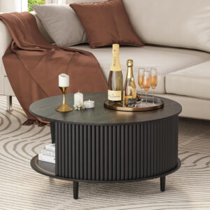 Round Coffee Table with Storage,Fluted Center Table with Sliding Cabinet Door for Living Room,Home Small Space,31.5" Small Center Table,Walnut