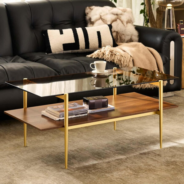 AGV LIGHTING Tadio Glass Coffee Table, Mid-Century Modern Coffee Table for Living Room, Gold Finish Leg, Coffee Brown Glass Top & Walnut Shelf, 41 in Length