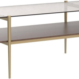AGV LIGHTING Tadio Glass Coffee Table, Mid-Century Modern Coffee Table for Living Room, Gold Finish Leg, Coffee Brown Glass Top & Walnut Shelf, 41 in Length