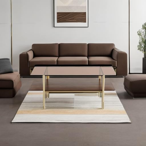 AGV LIGHTING Tadio Glass Coffee Table, Mid-Century Modern Coffee Table for Living Room, Gold Finish Leg, Coffee Brown Glass Top & Walnut Shelf, 41 in Length