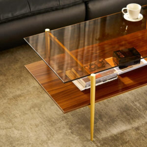 AGV LIGHTING Tadio Glass Coffee Table, Mid-Century Modern Coffee Table for Living Room, Gold Finish Leg, Coffee Brown Glass Top & Walnut Shelf, 41 in Length