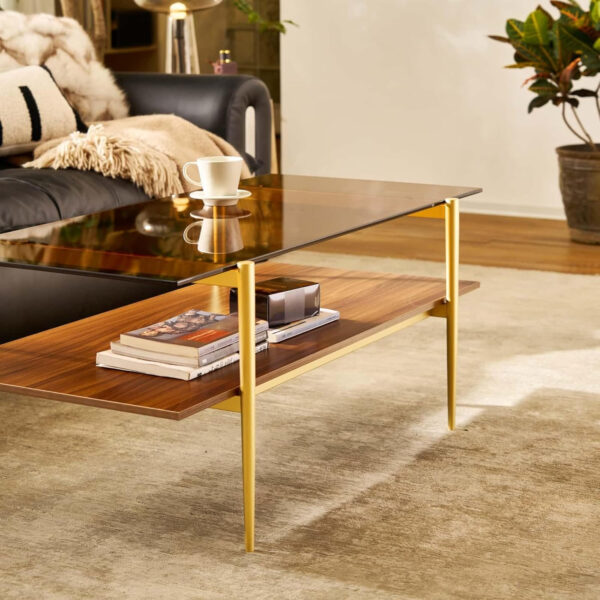 AGV LIGHTING Tadio Glass Coffee Table, Mid-Century Modern Coffee Table for Living Room, Gold Finish Leg, Coffee Brown Glass Top & Walnut Shelf, 41 in Length