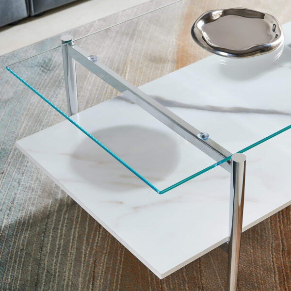 AGV LIGHTING Tadio Glass Coffee Table, Mid-Century Modern Coffee Table for Living Room, Gold Finish Leg, Coffee Brown Glass Top & Walnut Shelf, 41 in Length