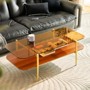 AGV LIGHTING Tadio Glass Coffee Table, Mid-Century Modern Coffee Table for Living Room, Gold Finish Leg, Coffee Brown Glass Top & Walnut Shelf, 41 in Length