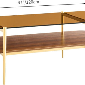 AGV LIGHTING Tadio Glass Coffee Table, Mid-Century Modern Coffee Table for Living Room, Gold Finish Leg, Coffee Brown Glass Top & Walnut Shelf, 41 in Length