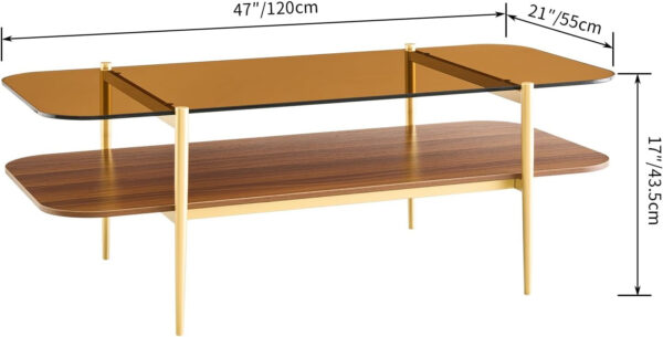 AGV LIGHTING Tadio Glass Coffee Table, Mid-Century Modern Coffee Table for Living Room, Gold Finish Leg, Coffee Brown Glass Top & Walnut Shelf, 41 in Length