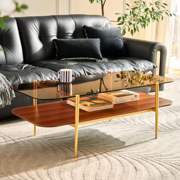 AGV LIGHTING Tadio Glass Coffee Table, Mid-Century Modern Coffee Table for Living Room, Gold Finish Leg, Coffee Brown Glass Top & Walnut Shelf, 41 in Length
